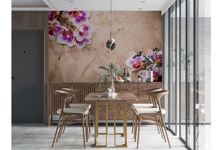 Фотообои «Орхидеи на шуткатурке» в интерьере