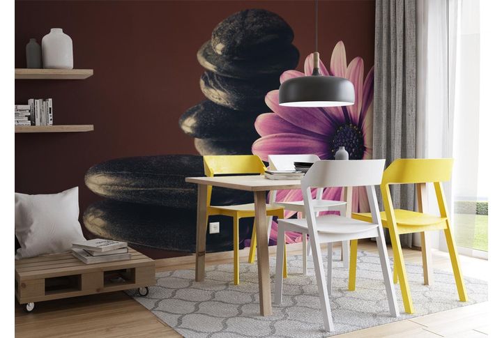 Фотообои «Цветок розовой герберы с камнями» в интерьере