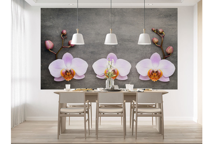 Фотообои «Орхидеи в сиреневых оттенках на бетонной стене» в интерьере