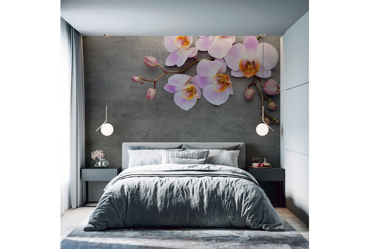 Фотообои «Орхидеи в сиренево-белых оттенках на бетоне» в интерьере