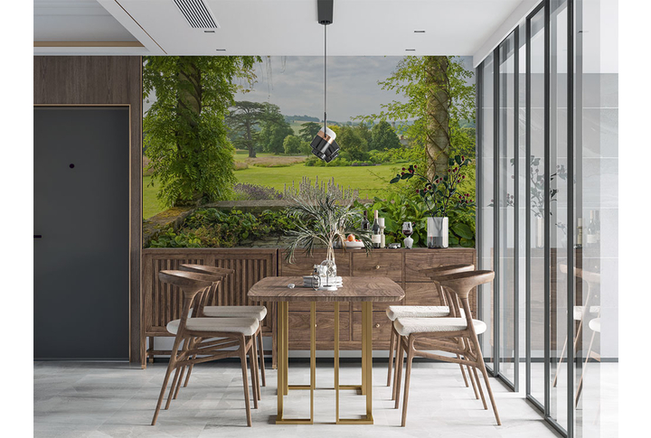 Фотообои «Терраса в саду с колоннами увитыми плющом, вид на природу» в интерьере