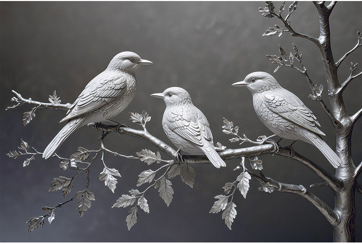 Фотообои «Барельеф серебряные ветки и птицы»