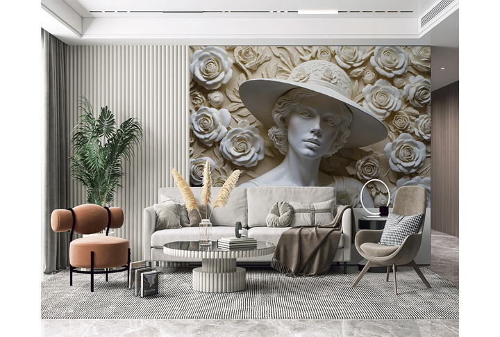 Фотообои «Барельеф Женщина в шляпе с розами» в интерьере