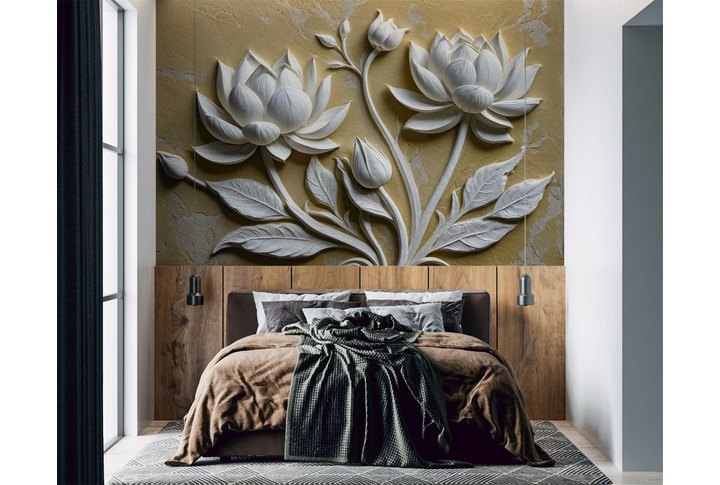 Фотообои «Барельеф с лотосами» в интерьере
