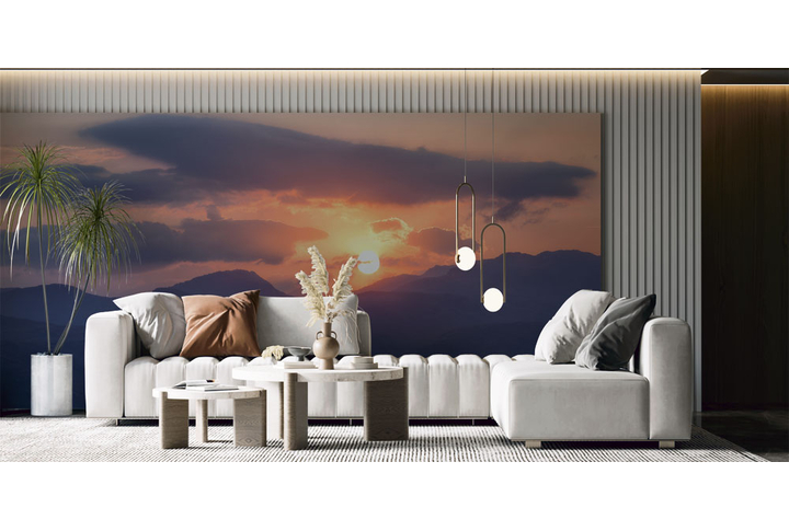 Фотообои «Горы, туман и закат» в интерьере