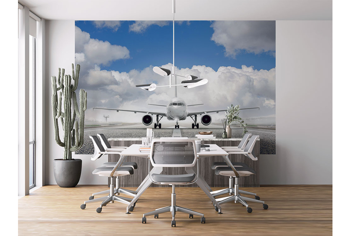 Фотообои «Самолет на взлётной полосе и фоне облаков» в интерьере