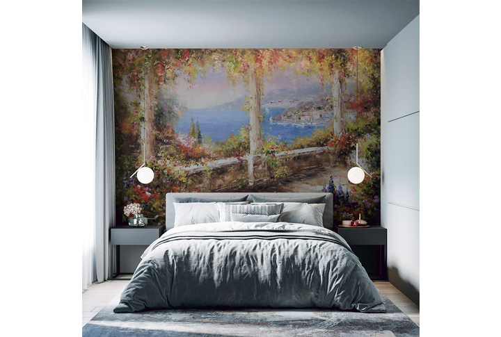 Фотообои «Терраса на набережной у моря под живопись» в интерьере