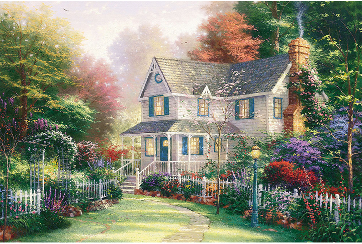 Фотообои «Лес из сказки, деревенский домик в саду у леса»