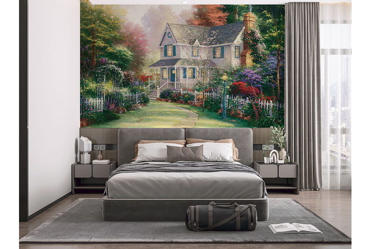 Фотообои «Лес из сказки, деревенский домик в саду у леса» в интерьере