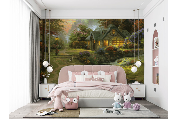 Фотообои «Лесная сказка, уютная деревня у реки» в интерьере