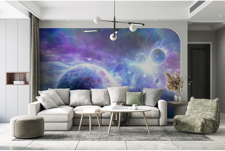 Фотообои «Космос в сиреневых тонах, яркие планеты и звезды» в интерьере