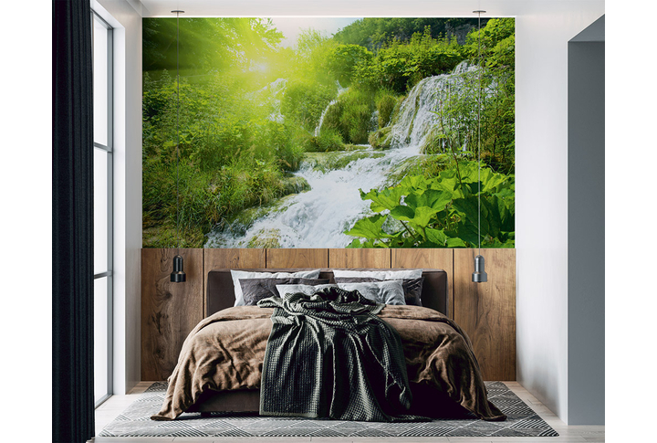 Фотообои «Водопад среди листвы, солнечный лес» в интерьере