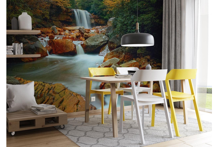 Фотообои «Водопад и река на камнях в лесу, красивая природа» в интерьере
