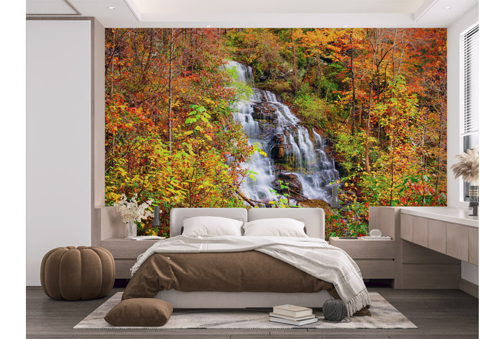 Фотообои «Водопад в осеннем лесу» в интерьере