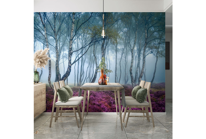 Фотообои «Осенняя березовая роща в тумане» в интерьере