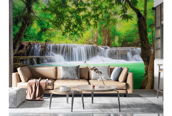 Фотообои «Водопад у озера в утреннем тропическом лесу» в интерьере