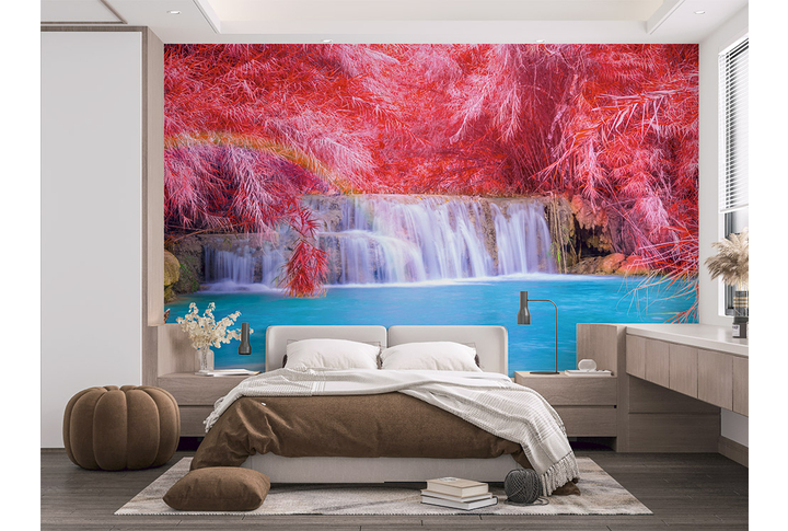 Фотообои «Водопад в осеннем лесу» в интерьере