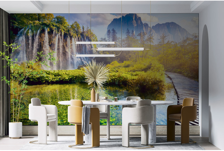 Фотообои «Дорожка к водопадам через лес в горах» в интерьере