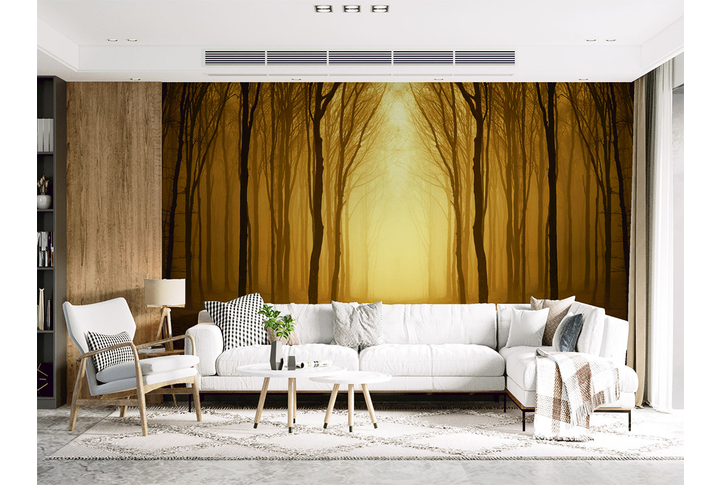 Фотообои «Осенний лес в тумане с силуэтами деревьев» в интерьере