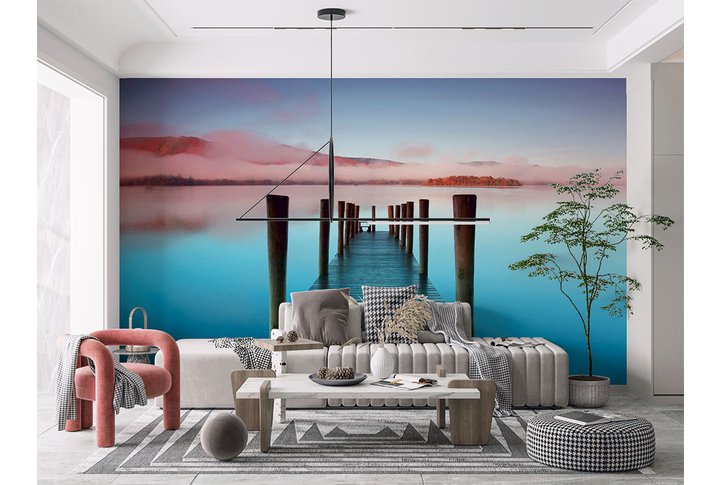 Фотообои «Дорожка к озеру и горы в тумане» в интерьере