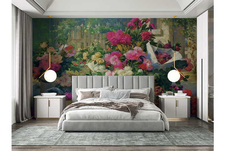 Фотообои «Пионы в саду в стиле живописи» в интерьере