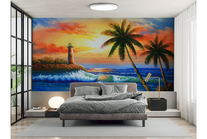 Фотообои «Морские волны и пальмы на закате под картину» в интерьере