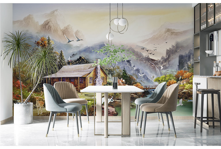 Фотообои «Деревенский домик в горах под японский стиль» в интерьере