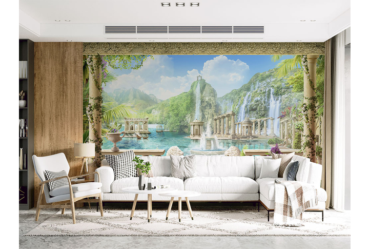 Фотообои «Античная терраса с колоннами в горах» в интерьере