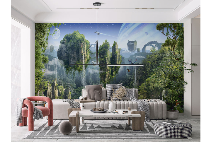 Фотообои «Летающие горы покрытые туманным лесом» в интерьере