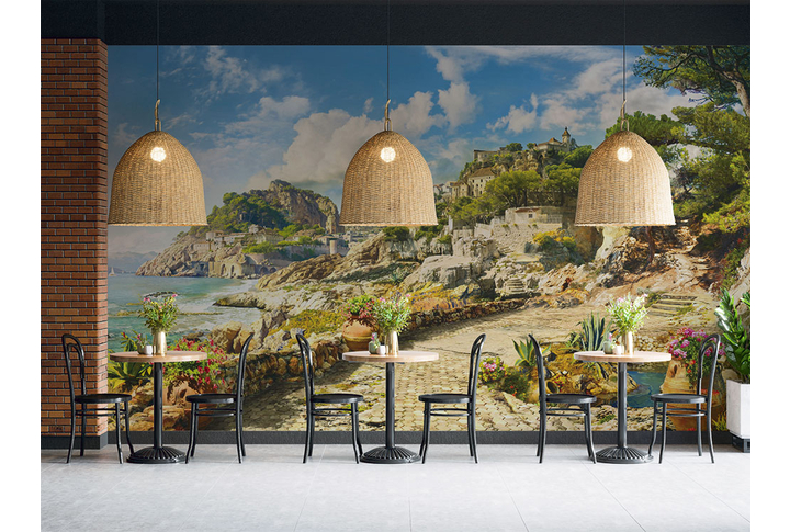 Фотообои «Старый сад на набережной древнего города» в интерьере