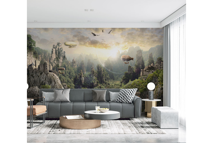 Фотообои «Таинственные горы на закате» в интерьере