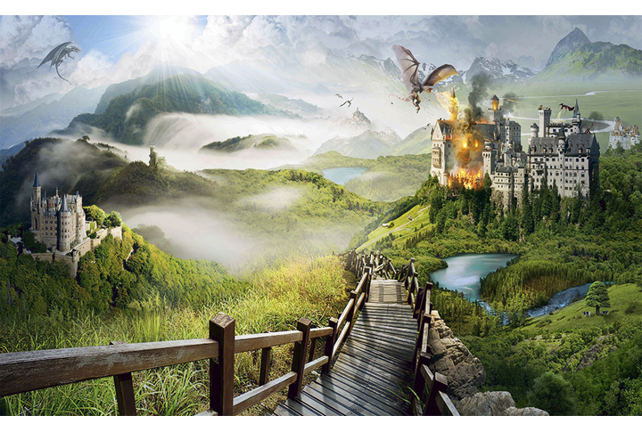 Фотообои «Пейзаж с замком в горах и драконами»