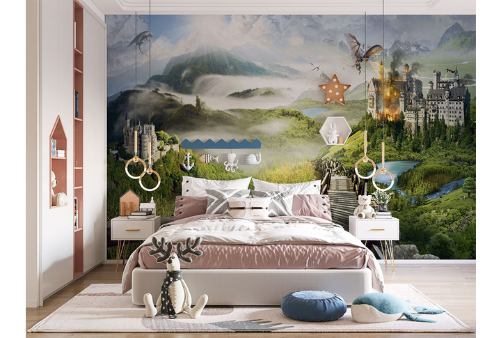 Фотообои «Пейзаж с замком в горах и драконами» в интерьере