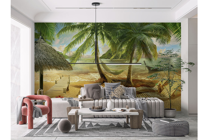 Фотообои «Пальмы у моря на уютном пляже» в интерьере