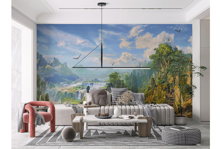 Фотообои «Горный пейзаж с видом на водопад» в интерьере