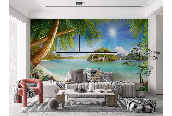 Фотообои «Лазурный берег моря с пальмами под солнцем» в интерьере