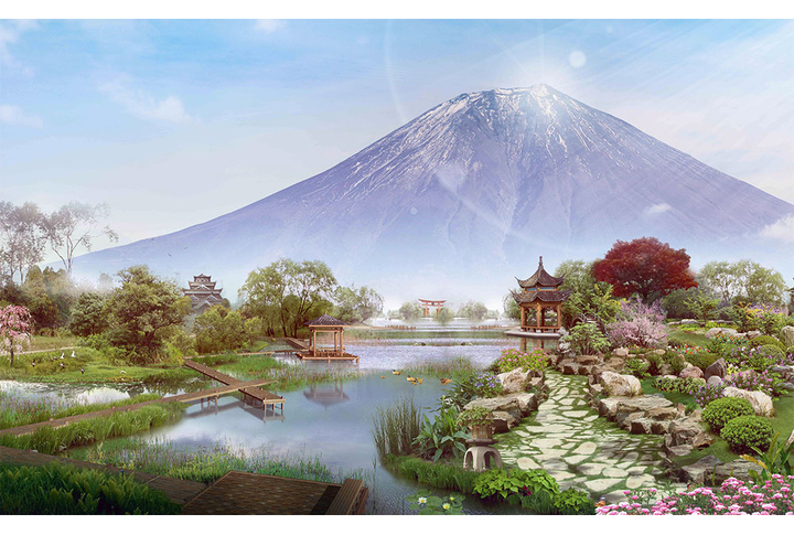 Фотообои «Японская природа с видом на гору и реку»