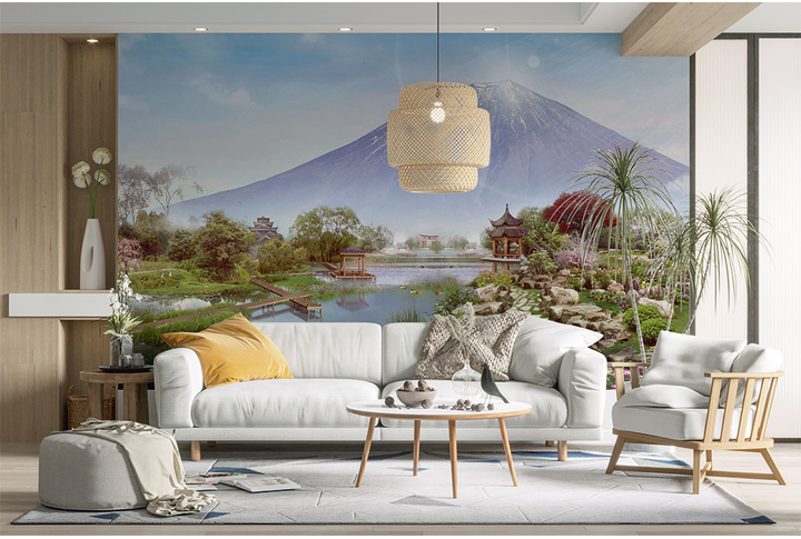Фотообои «Японская природа с видом на гору и реку» в интерьере