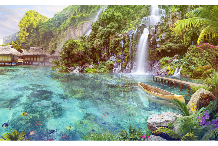 Фотообои «Тропическая бухта с водопадом у моря»