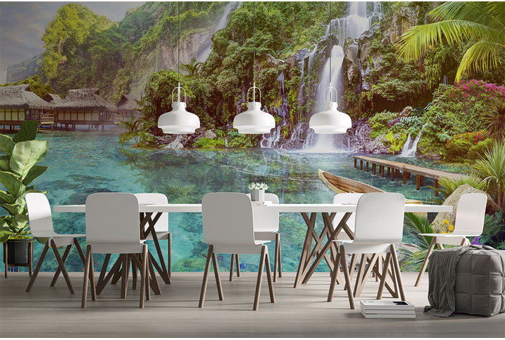 Фотообои «Тропическая бухта с водопадом у моря» в интерьере