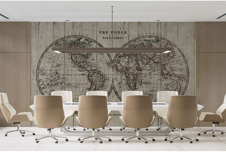 Фотообои «Карта мира на старых досках» в интерьере