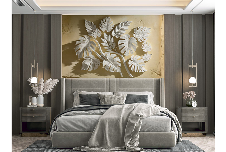 Фотообои «Лепнина с листьями монстеры» в интерьере