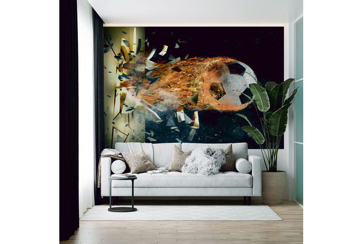Фотообои «Футбольный мяч пробивший стену» в интерьере