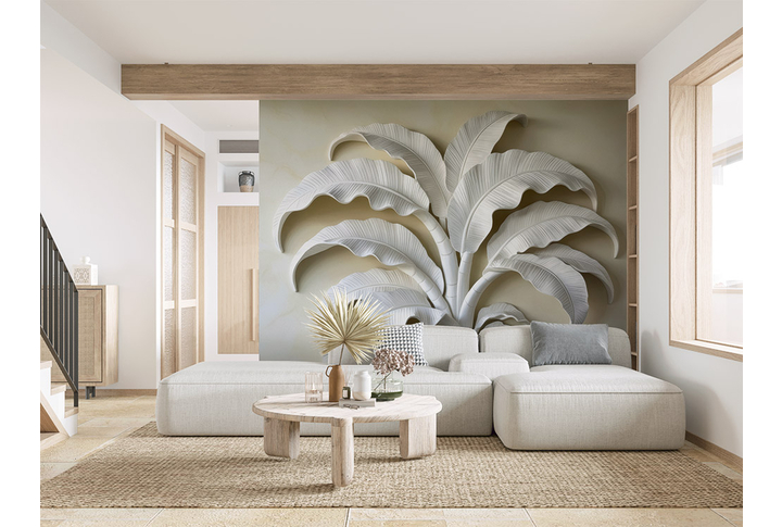 Фотообои «Тропические листья под барельеф» в интерьере
