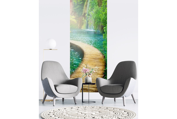 Фотообои «Тропинка через озеро к водопаду» в интерьере