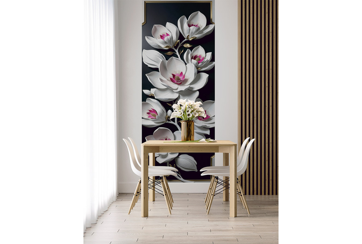 Фотообои «Лепнина с цветами магнолии на черном фоне» в интерьере