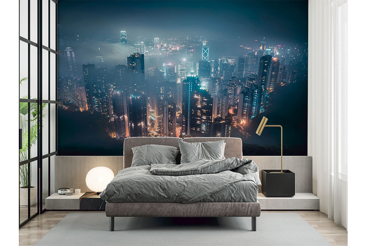 Фотообои «Ночной чёрный город Гонконг в тумане» в интерьере