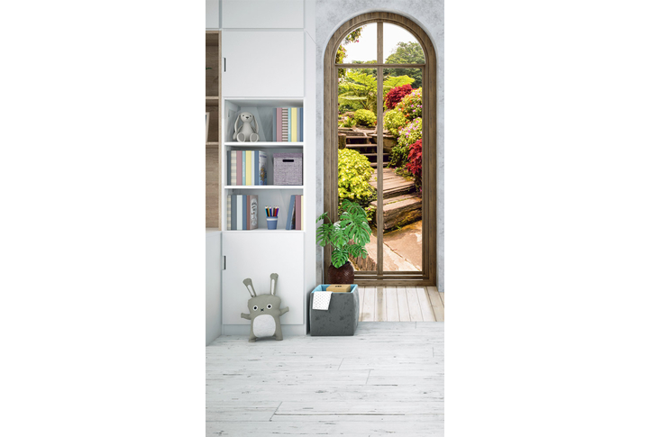 Фотообои «Узкое окно с видом на осенний сад» в интерьере