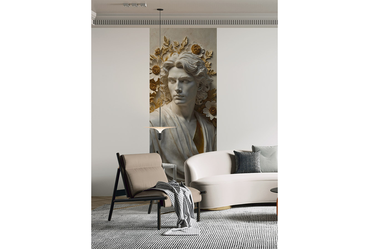 Фотообои «Молодой мужчина в золотых цветах под лепнину» в интерьере