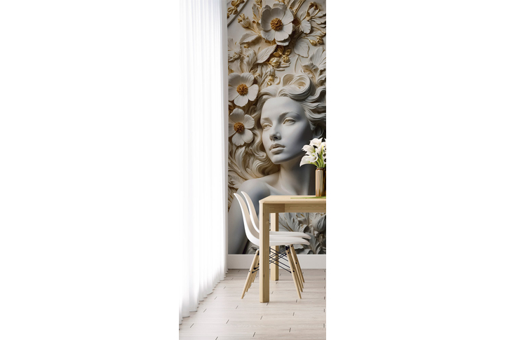 Фотообои «Барельеф девушка в цветах с позолотой» в интерьере